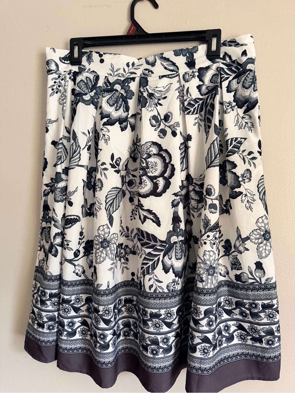 A-Line Floral Midi Skirt in White and Navy
